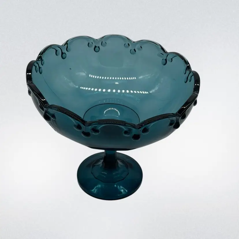 ZZZ.  Compote Bowl - Vintage Indiana Glass Company Blue Glass Triple Teardrop Garland - Pedestal 8”x 7”