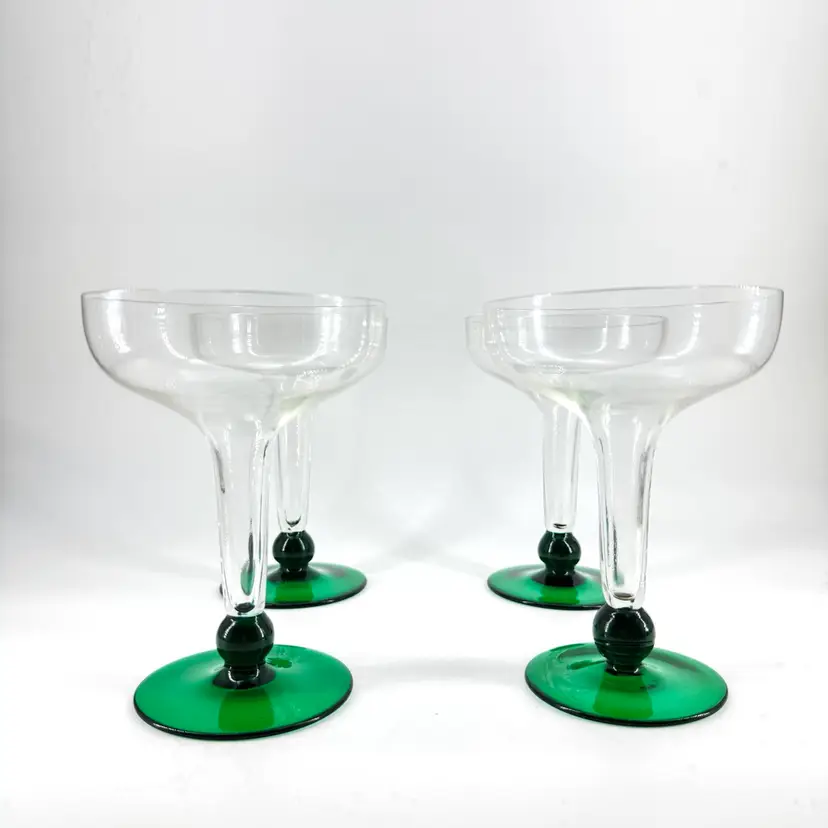 Set 4 Emerald Green And Clear Glass Martini Glasses