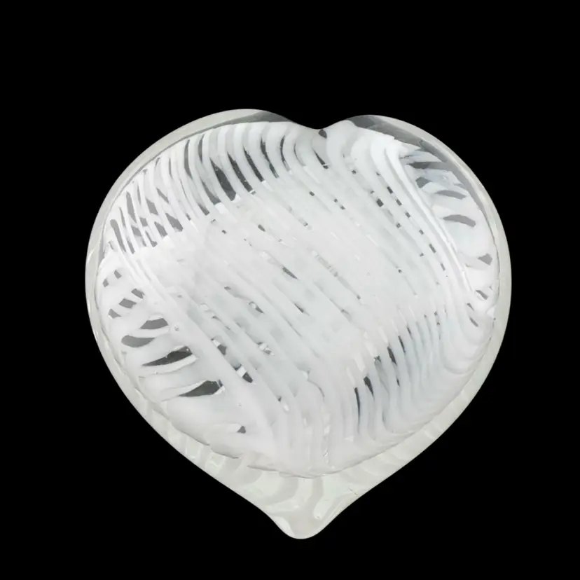 White Lacey Latticino Style  Heart Paperweight 3" x 3"