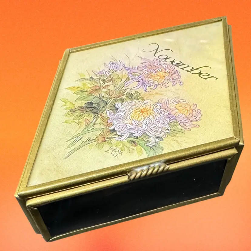 Vintage Trinket Jewelry Casket Dish Tray Labeled ‘November’ And Florals. Inside Is A Mirror