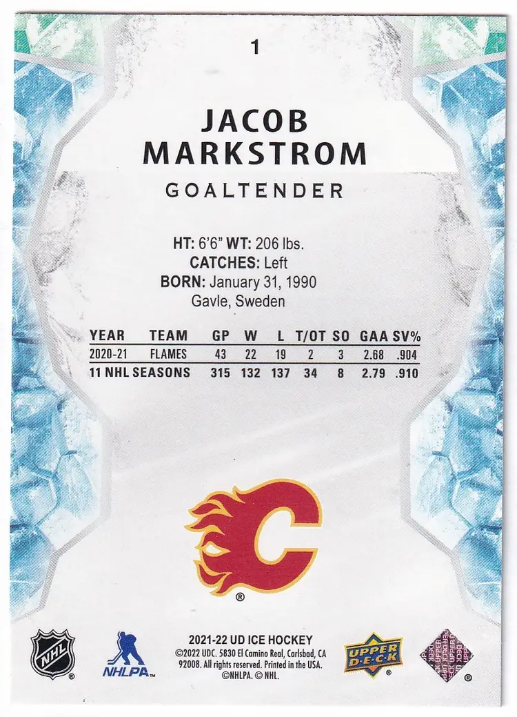 2021-22 Upper Deck Ice Green #1 Jacob Markstrom Calgary Flames Hockey Card