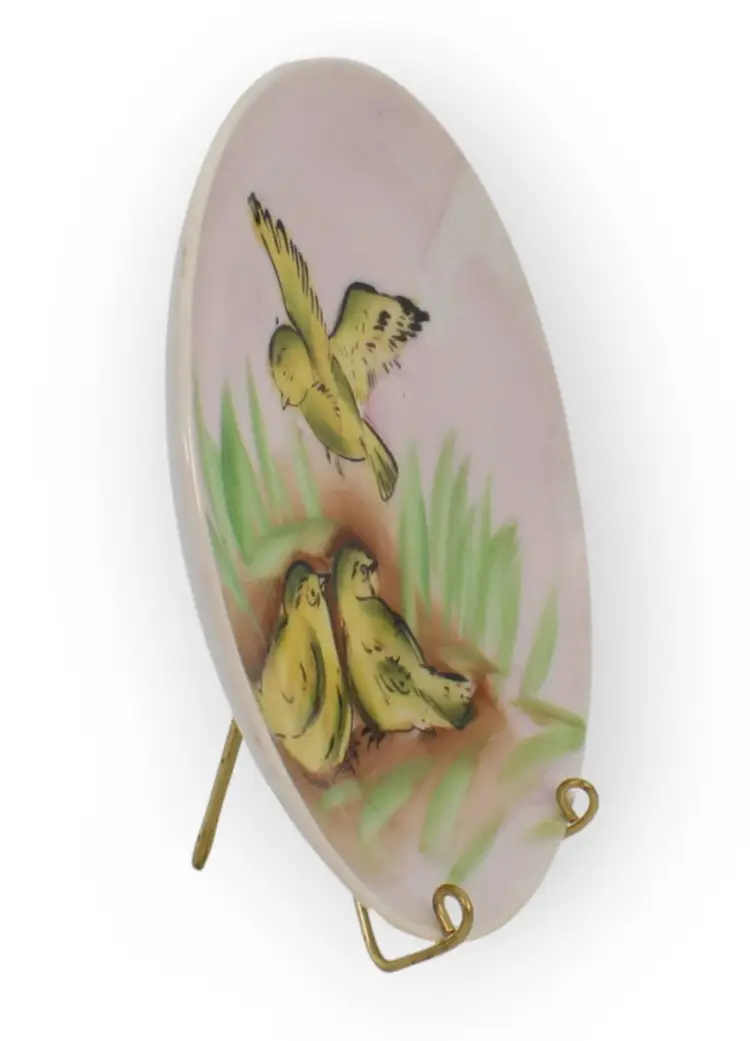 Small Hand Painted Plate With Three Cute Yellow Birds In The Grass
