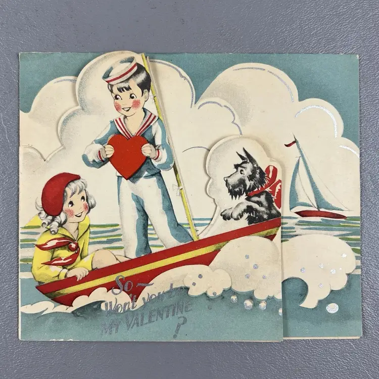 Vintage Valentine Die Cut Greeting Card Sailor Boy Girl Boat Scotty Dog Ocean USA Carrington Co Scottish Terrier Dog Sailboat