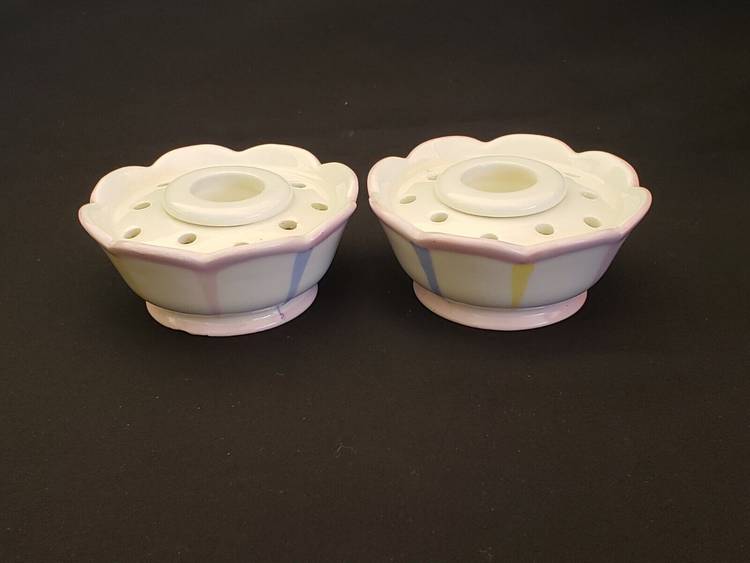Flower Candleholders Holt Howard Ceramic Striped Pastel set of 2 with stickers