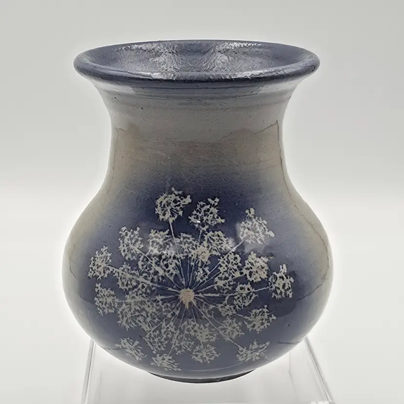 Iron and Lace Queen Anne's Lace Blue Glaze Pottery Vase Handmade Iowa 2005