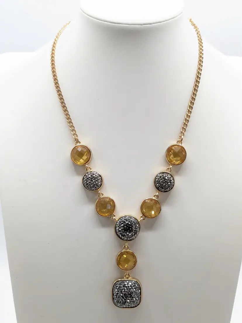 Gold Tone Grey Pave Citrine Color Faceted Glass Necklace