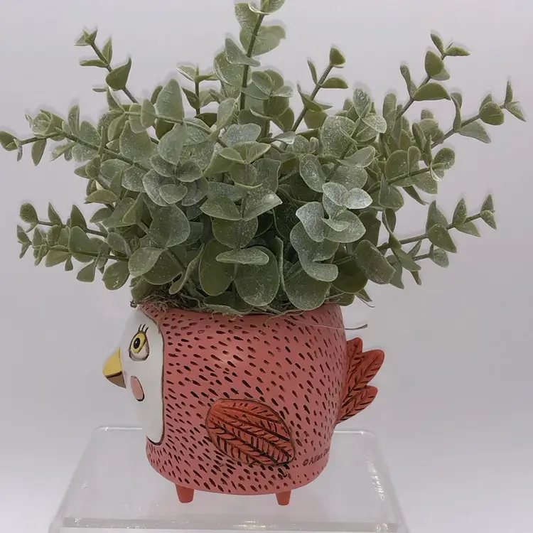 Pink Birdy Pot with Faux Plant 8”