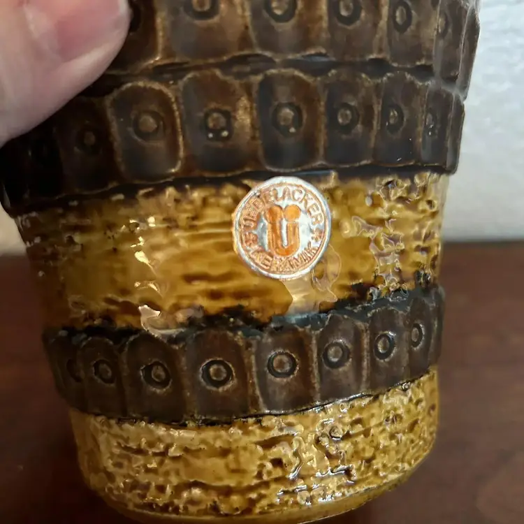 Vintage 1970’s West German Keramik Planter w/ Original Stickers Brown Yellow