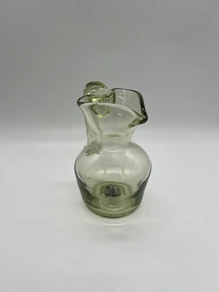 Jamestown Art Glass Hand Blown Small Pitcher Creamer 6” Heart Shape Rim Pale Avocado Green