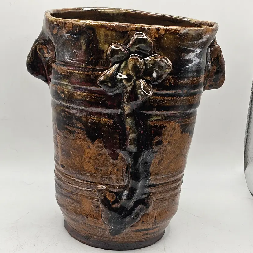 Studio Art Pottery Vase applied flowers Signed Ralph