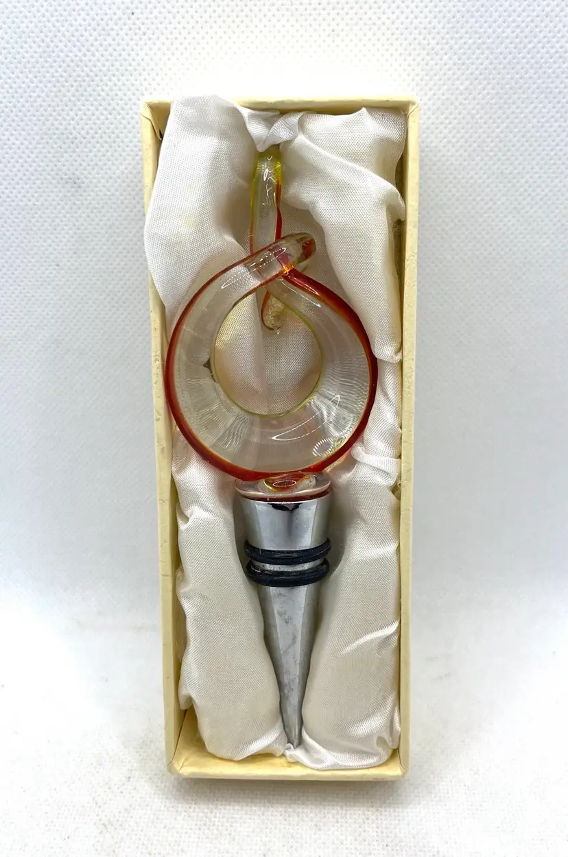 Vintage Hand Blown Glass Wine Bottle Stopper Green and Red Swirls