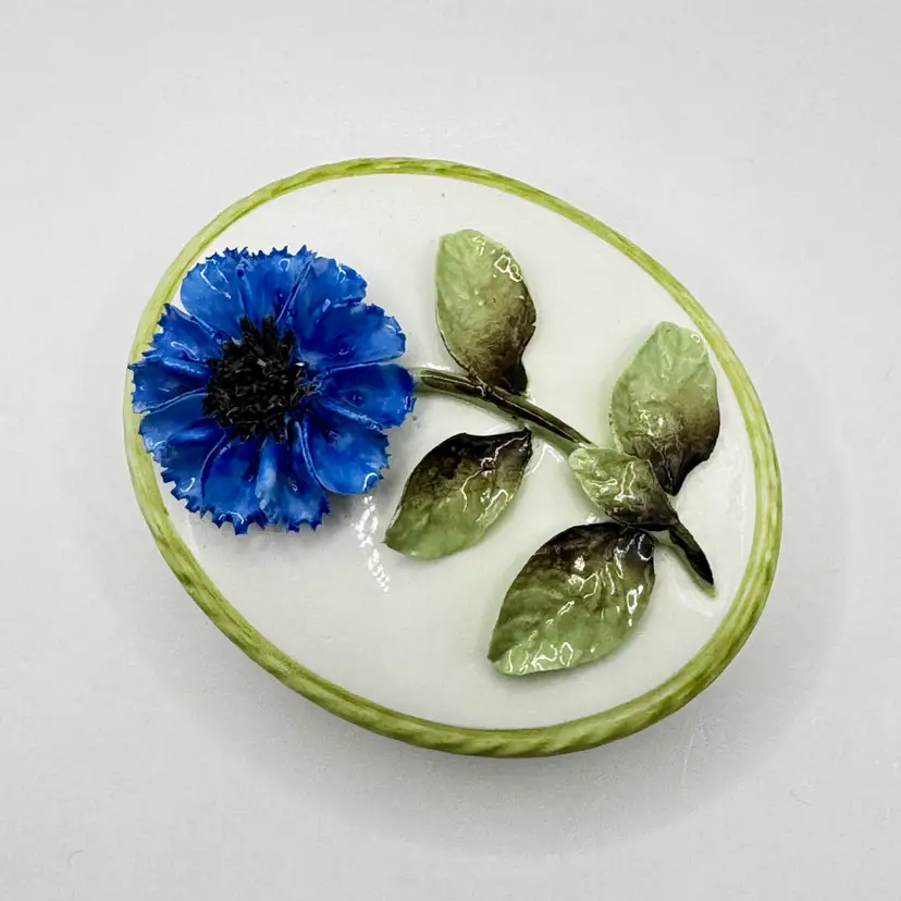 Vintage 3D Hand Painted Blue Flower Green Leaves & Stem Hand Modeled Trinket Box, by Ainsley, Made in England