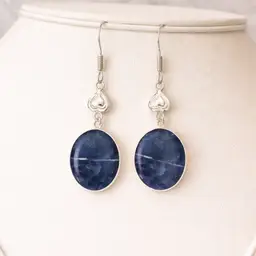 Sodalite Blue Drop Earrings Silver Tone Oval Gemstone Dangle Heart Detail Boho