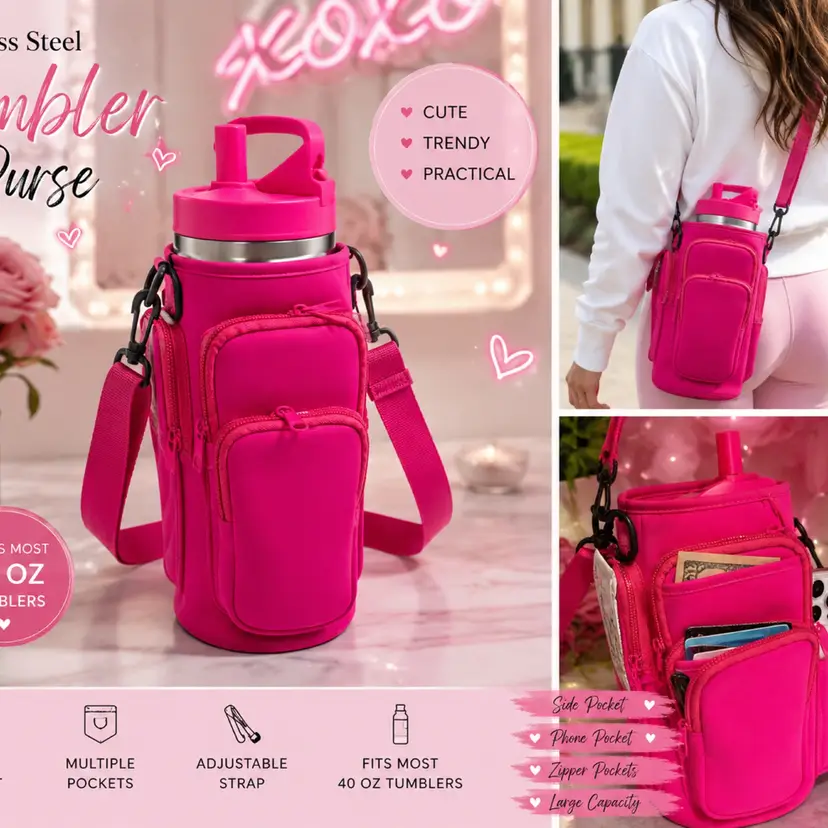 Hot Pink Tumbler Purse Water Bottle Carrier