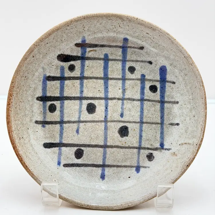 Studio Art Pottery Gray And Blue Geometric Design Trinket Dish