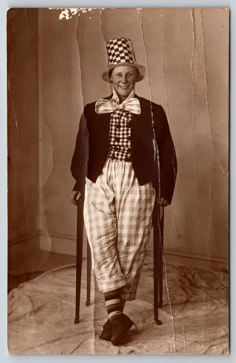 Postcard RPPC Goofy Female in Clown Costume Real Photo Checkered Clown Bowtie - 9037