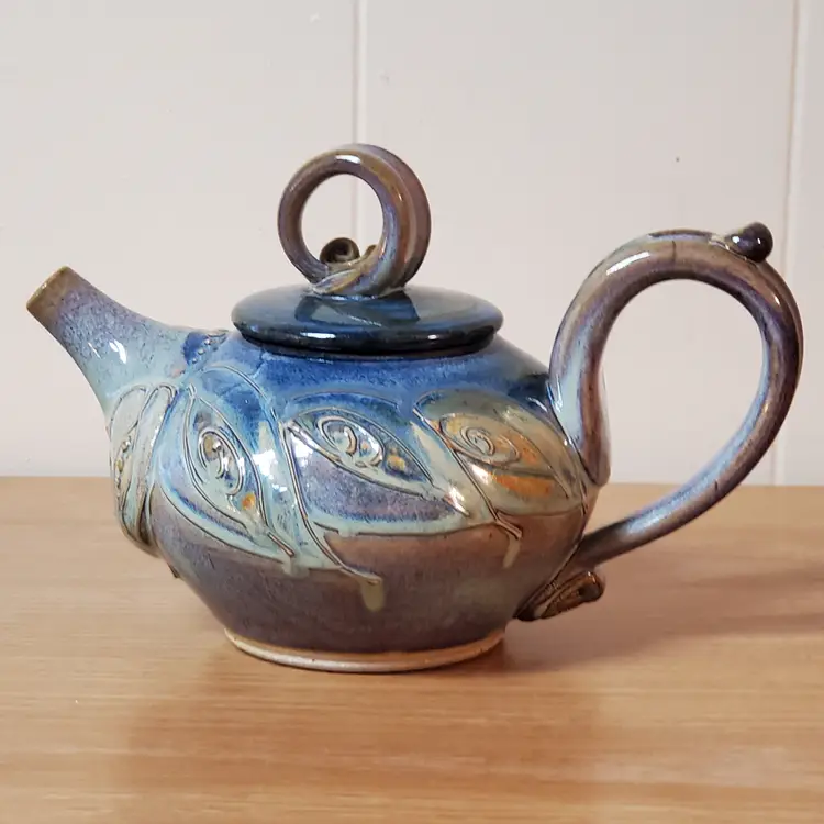 Studio Art Pottery Teapot with Abstract Leaf Motif and Swirl Handle by Earth Fire & Spirit