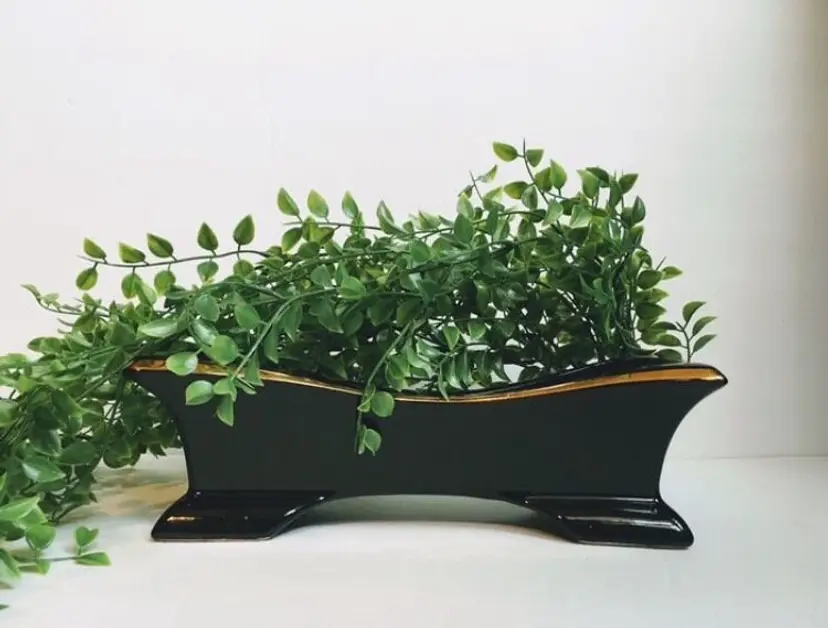 MCM Planter Jet Black Gold Trim Stanford Ware Minimalist Decor 