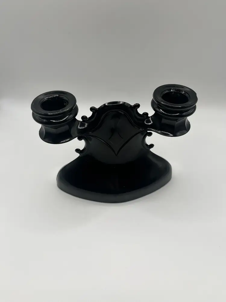LE Smith Black Glass Art Deco Double Candle Stick Holder Vintage