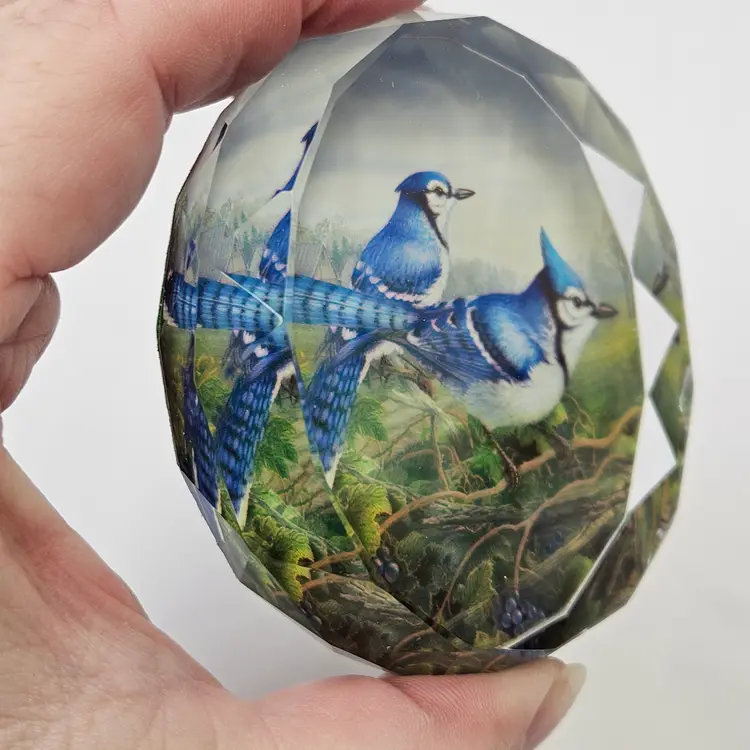 Faceted Crystal Glass & Blue Jays Birds Paperweight