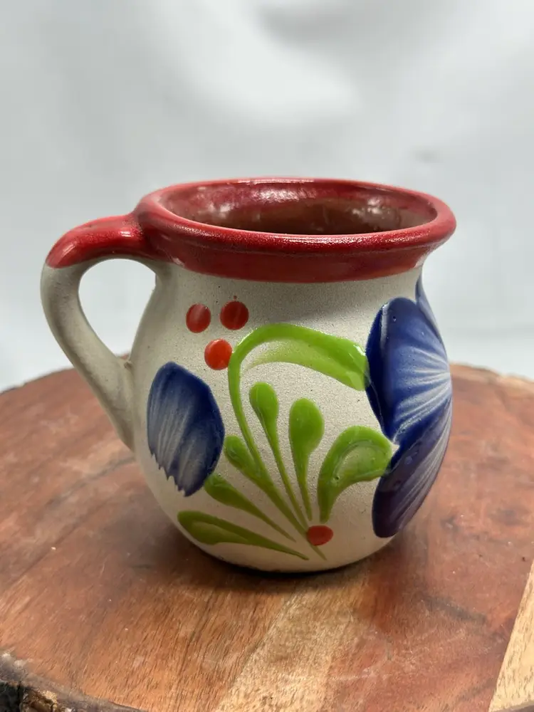 Talavera Mexico Redware Pottery Mug Hand Painted Colorful