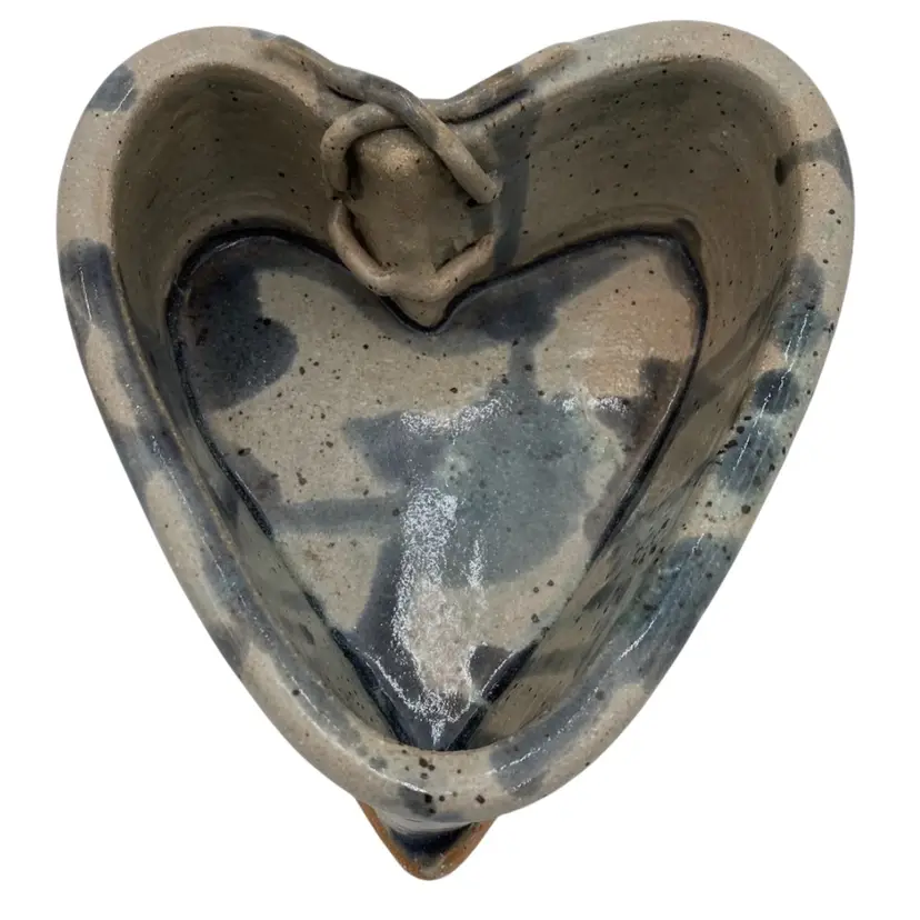 Vintage Handmade Studio
Pottery, Stoneware 'Laced' Heart Bowl, Blue & Gray, Signed