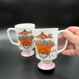 Renoir Flower Cart Bird Footed Mugs Set | 1960s Whimsical Retro