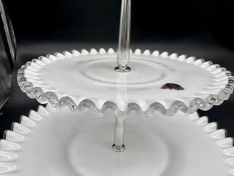 Fenton Milk Glass Silver Crest 3 Tier Tidbit Tray Ruffled Edge Vintage New With Tags