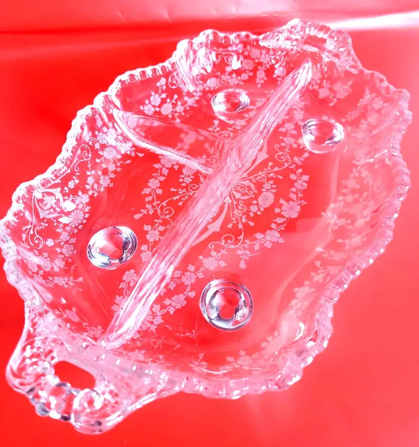 Elegant Glass Three Section Footed Relish Dish Cambridge Rose Point 12” Tray for Christmas or Thanksgiving