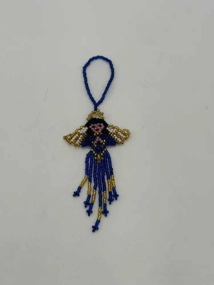 Double Sided Hand Crafted Seed Beaded Angel Ornament Handmade Blue & Gold Fringe