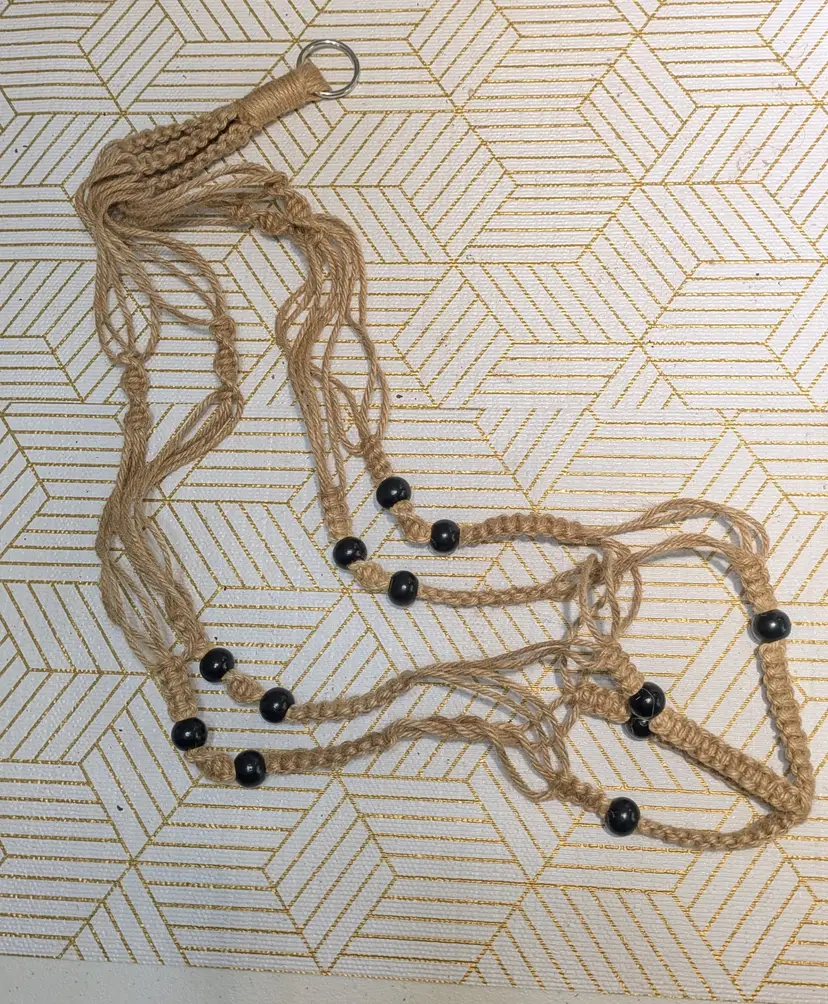 Macrame 3-ft plant holder with black beads