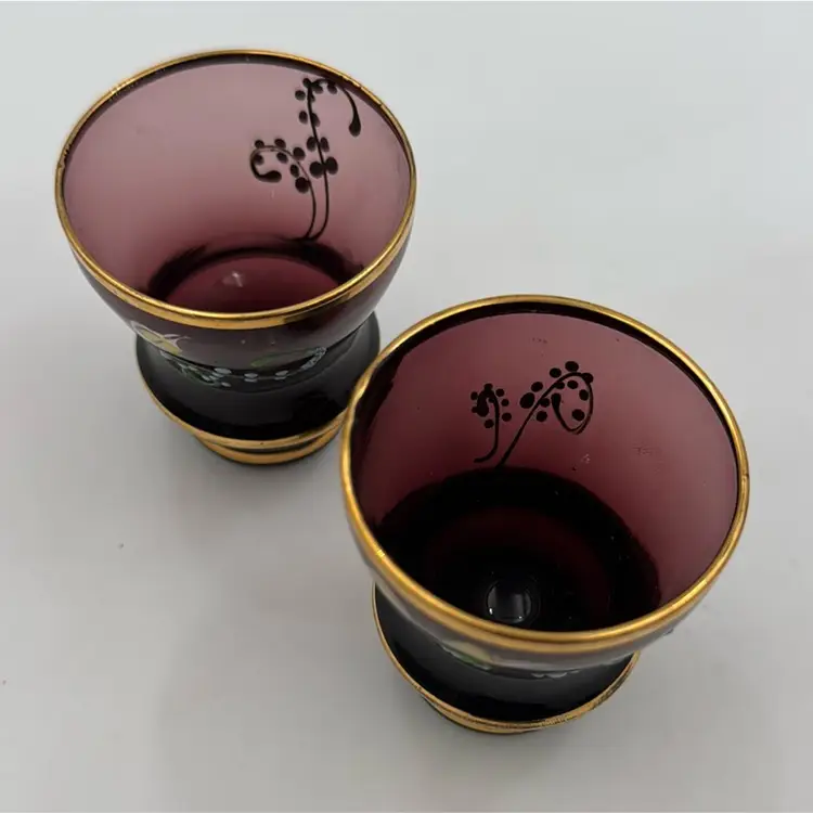 Set Of 2 Vintage purple glass hand painted enamel decanter shot glasses