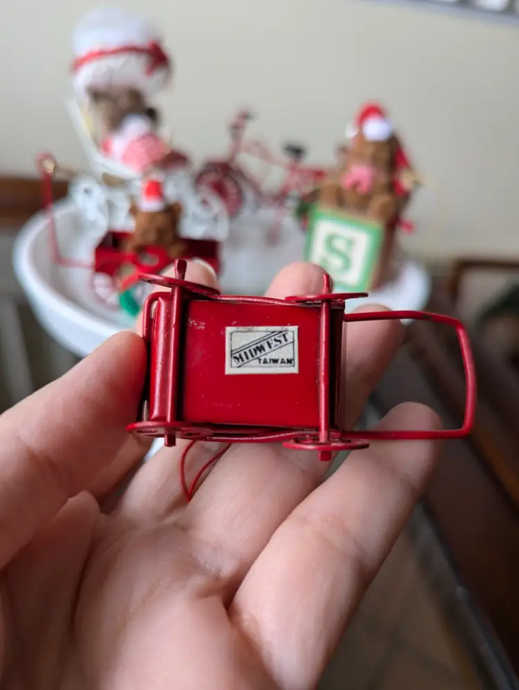 5 Vintage Christmas Bear in Wagon Ornaments red metal bicycle white stroller