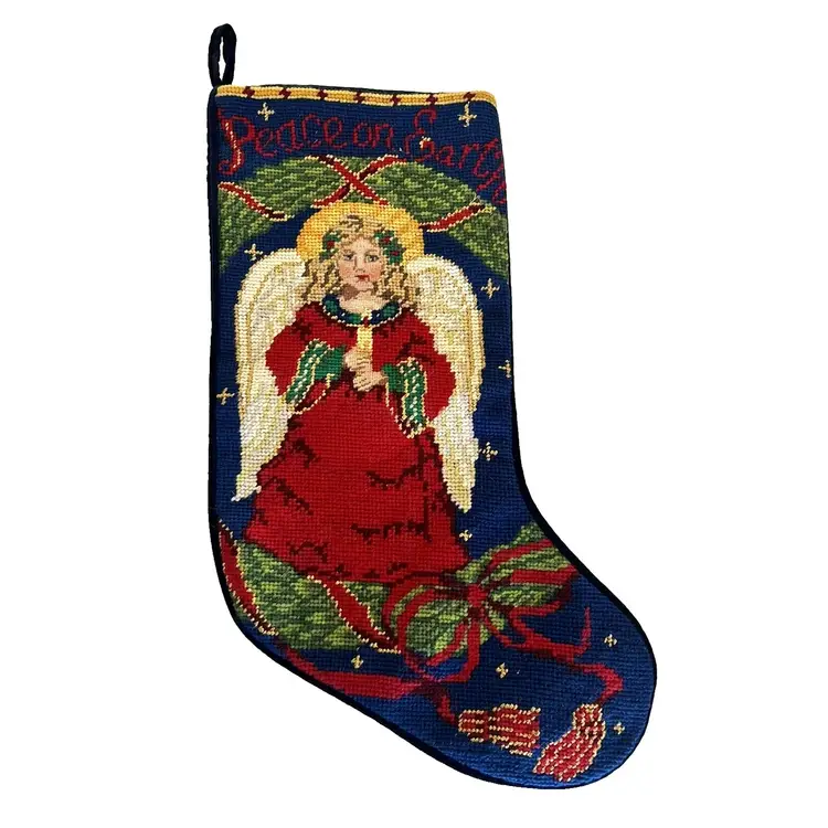 Vintage Wool Embroidered Needlepoint Wool Stocking Christmas Angel 17” Velvet