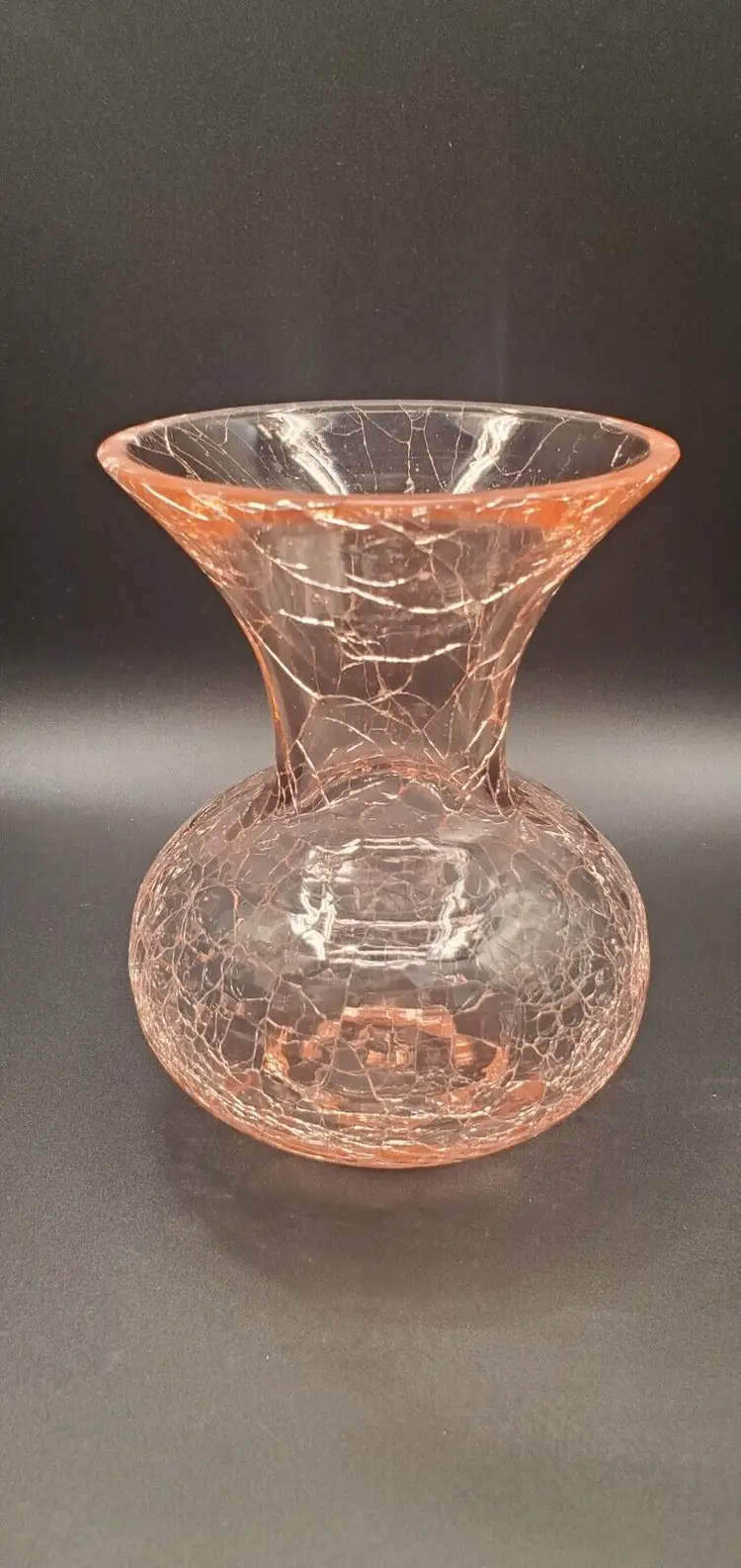 Vintage Hand Blown Light Pink Crackle Glass Vase 6-1/2" Tall Mid-Century