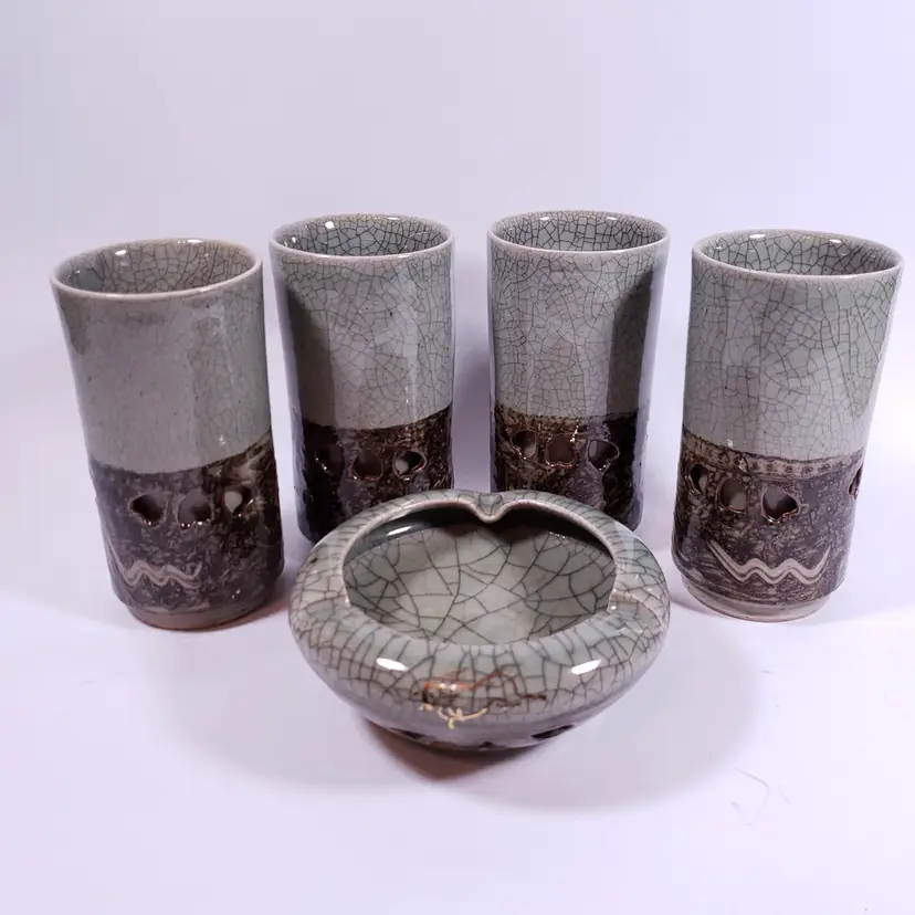 Somayaki SOMA WARE Crackle Reticulated Hearts Gold Horse TUMBLER & ASHTRAY SET