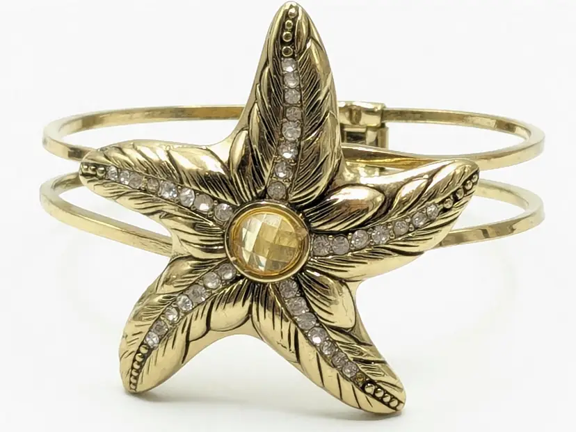 Starfish Clamper Bracelet Rhinestones Gold Tone