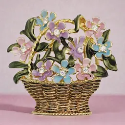 Pastel Enameled Flowers in Woven Wicker Basket Gold Tone Brooch Vtg