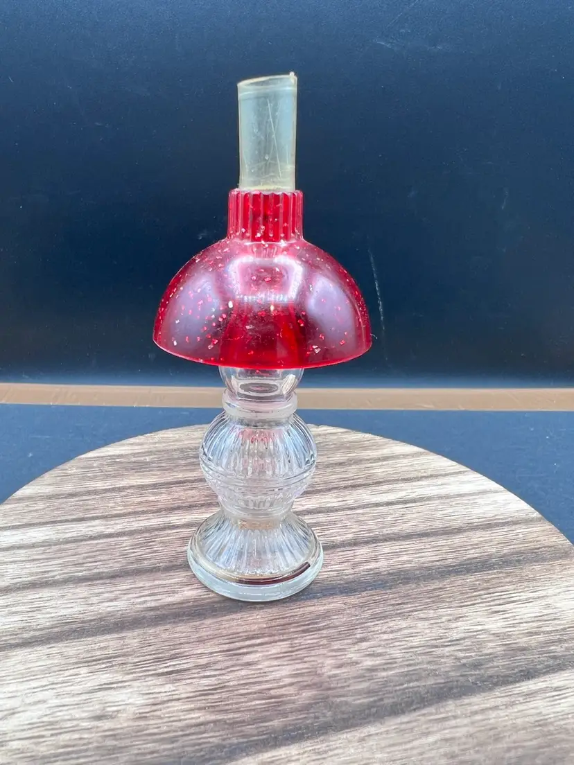 #1014B Vintage Glass Hurricane Lamp Shape Perfume Bottle With Red Plastic Shade