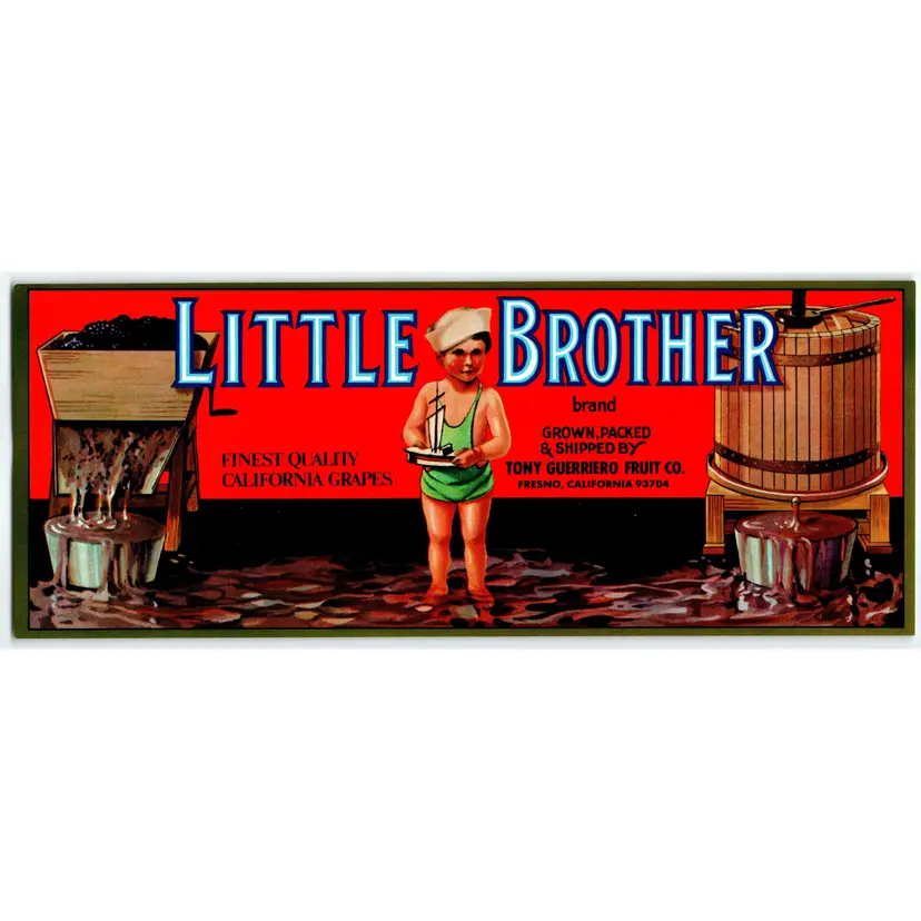 Little Brother Boy Sailboat Fresno California Grapes Crate Label Original 1960's