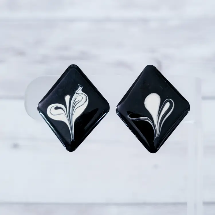 Vintage Clip On Earrings Statement Black & Cream Diamond Shape