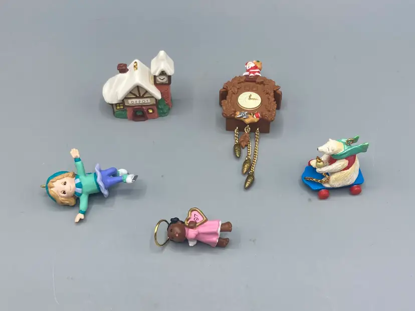 Vintage Miniature Hallmark Keepsake Ornaments - House, Clock, Angel, Skater, Bear