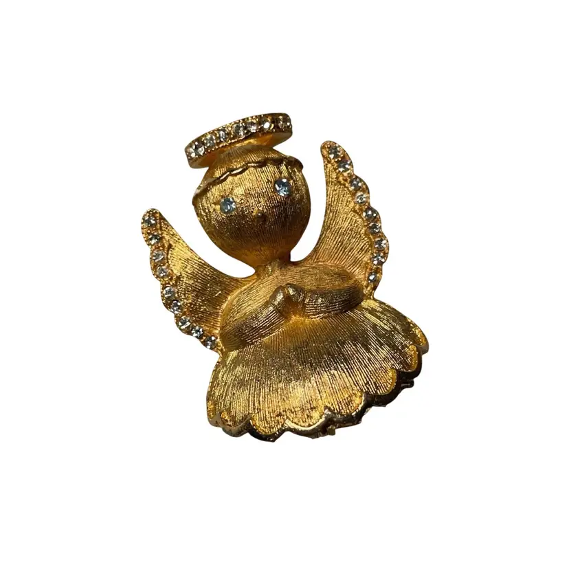 Vintage Ultra Angel Brooch Brushed Gold Tone w Rhinestones & Blue Eyes 1.25"
