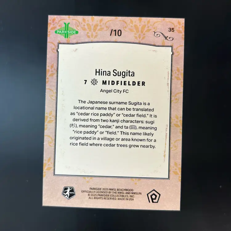 Hina Sugita 2025 Parkside Beachwood Brand Lineage Purple /10 Soccer Card