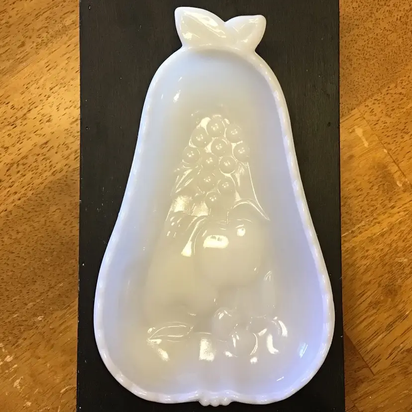 Milk Glass Pear Shaped Trinket Dish With Fruit & Flower Design