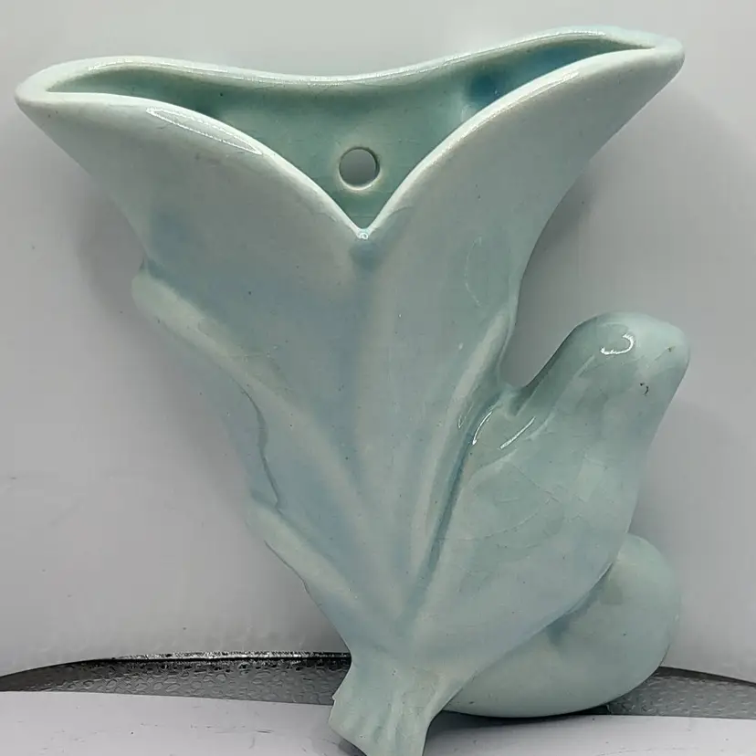 Vintage Blue Ceramic McCoy Wall Pocket with Bird Design 7" READ