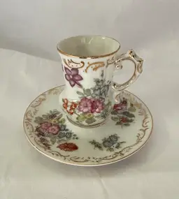 Antique French Porcelain Demitasse Cup & Saucer Floral