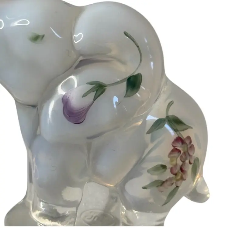 Fenton Elephant Figurine Hand Painted Opalescent Pink Lavender Floral Trunk Up Signed
3.75” T x 3” L x 1.26 W