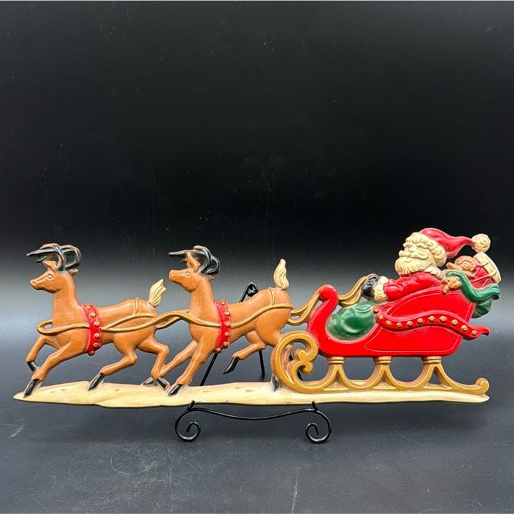 Vintage cast of aluminum Santa sleigh wall hanger made in the USA