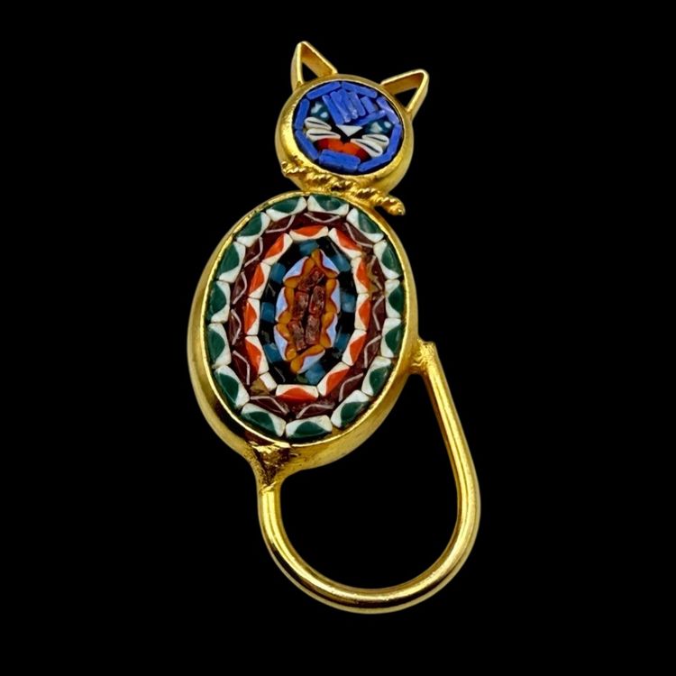Cat Brooch Blue Head Micro Mosaic Multi Color Tiles Made In Italy Gold Tone 2 1/4"